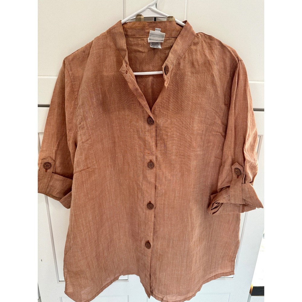 FOCUS Casual Lifestyle Collection Women's Orange Linen Button‎ Down Shirt Size M